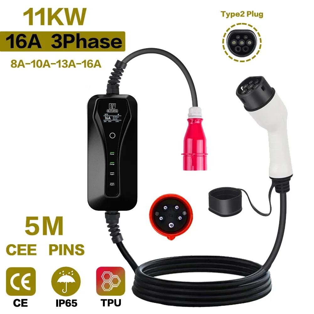 Type 2 Portable Ev Charger 11Kw Cee - 11kw 16a portátil ev carregador type2