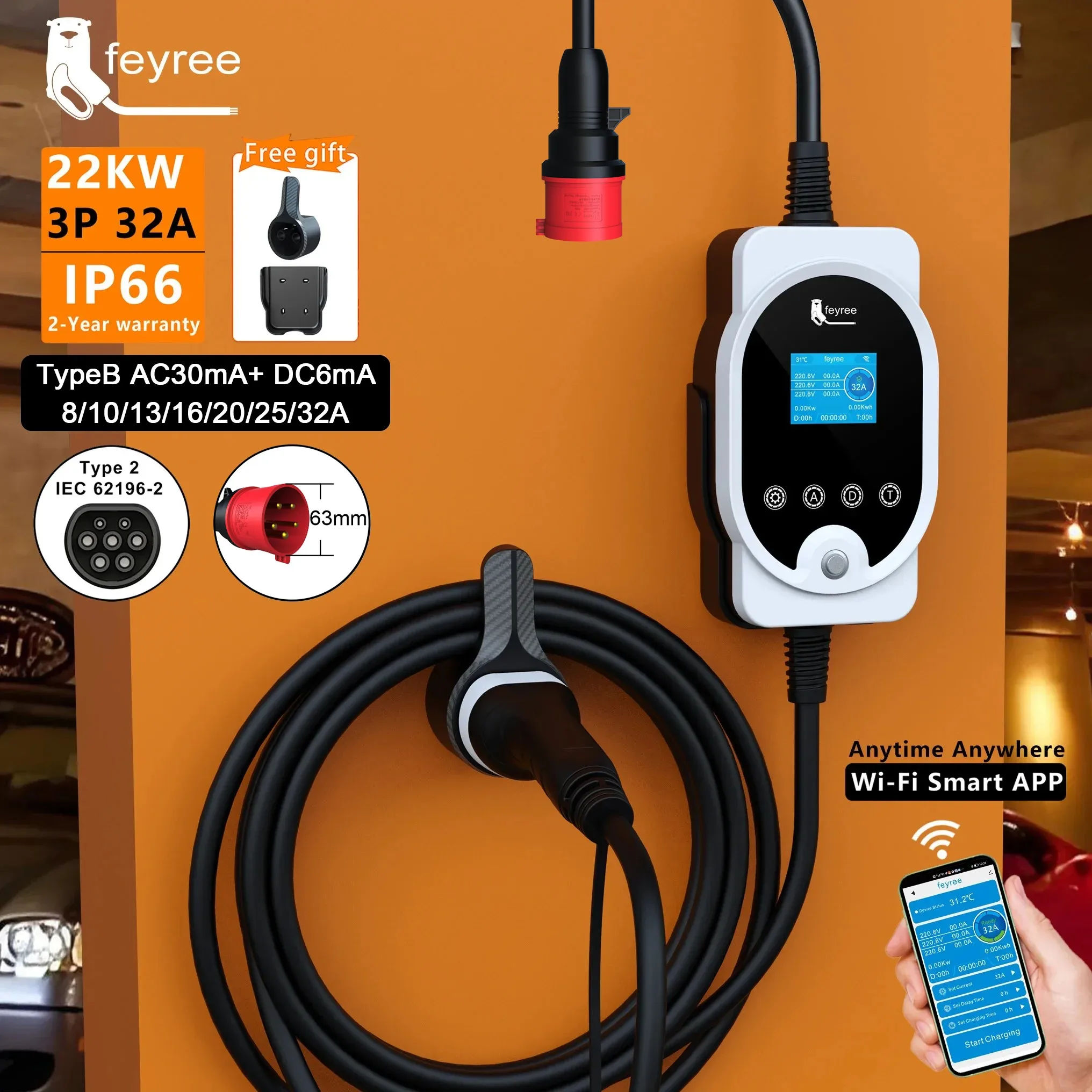 Feyree 22KW Tipo 2 Cabo EVSE W - Ev Charger Type 2 22Kw 32A 3 Phase avaliação e preço